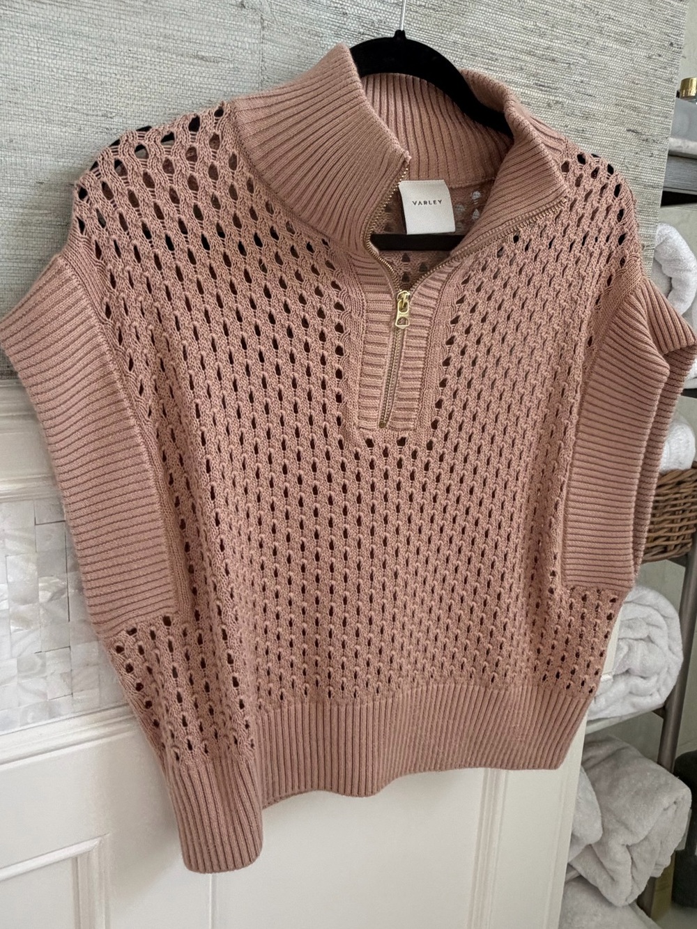 Medium Anthropologie Varley Gaines half zip sweater knit short sleeves tan beige - Picture 8 of 16